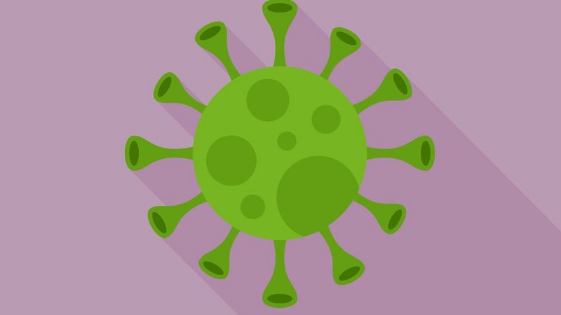 Darstellung eines grünen Corona-Virus auf violettem Hintergrund