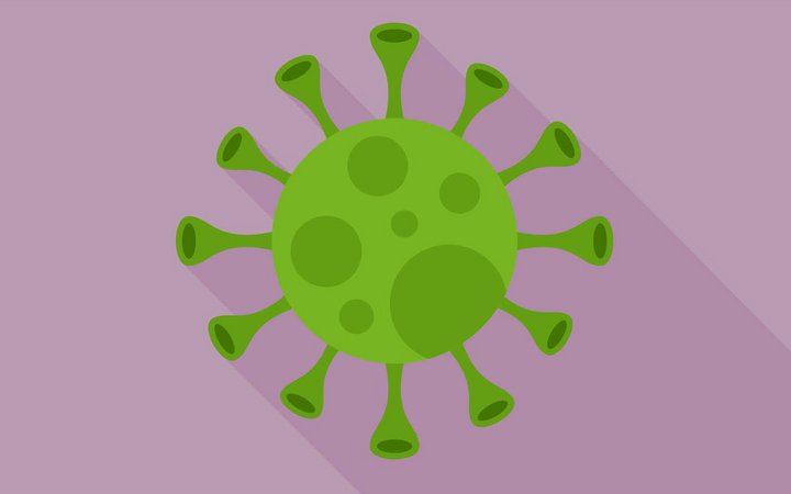 Darstellung eines grünen Corona-Virus auf violettem Hintergrund